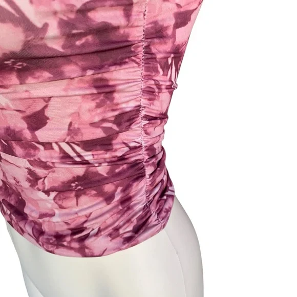 Pink Floral Square Neck Cropped Long Sleeve Top – Ruched, Size Small - Picture 10 of 17